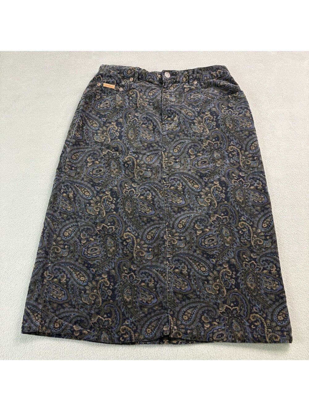 Eddie Bauer Paisley Corduroy Maxi Skirt Slit Size 6 (28 in.) Dark Green
